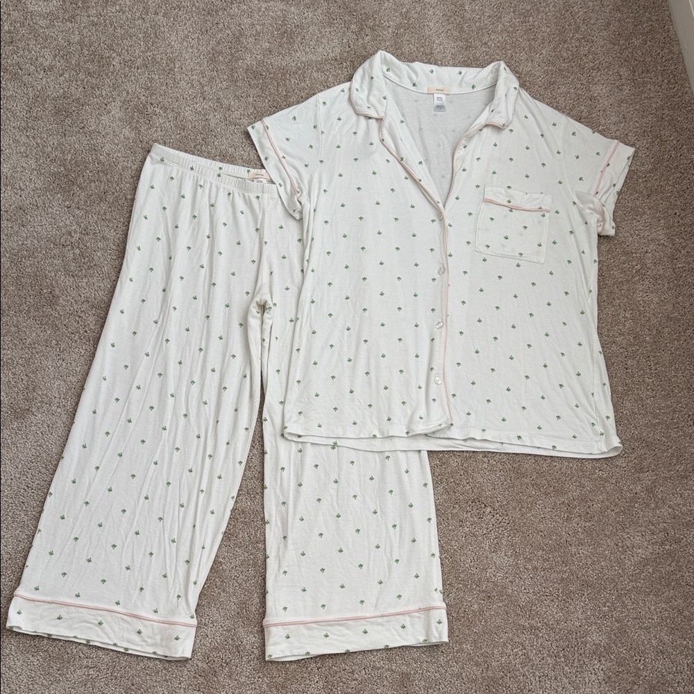 Eberjey Palm Tree Printed White Pajama Set Short Sleeve Shirt and Crop Pants